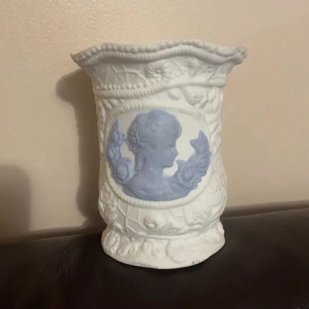 Vintage White Bisque Porcelain Cameo Pen Holder, Victorian Lady Blue Cameo Vase